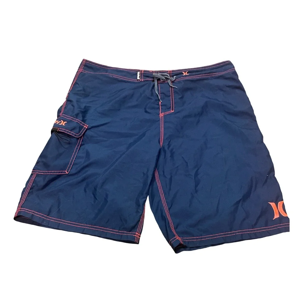 Hurley Mens Navy Blue Orange Contrast Stitch Board Shorts Cargo‎ Pocket Size 38